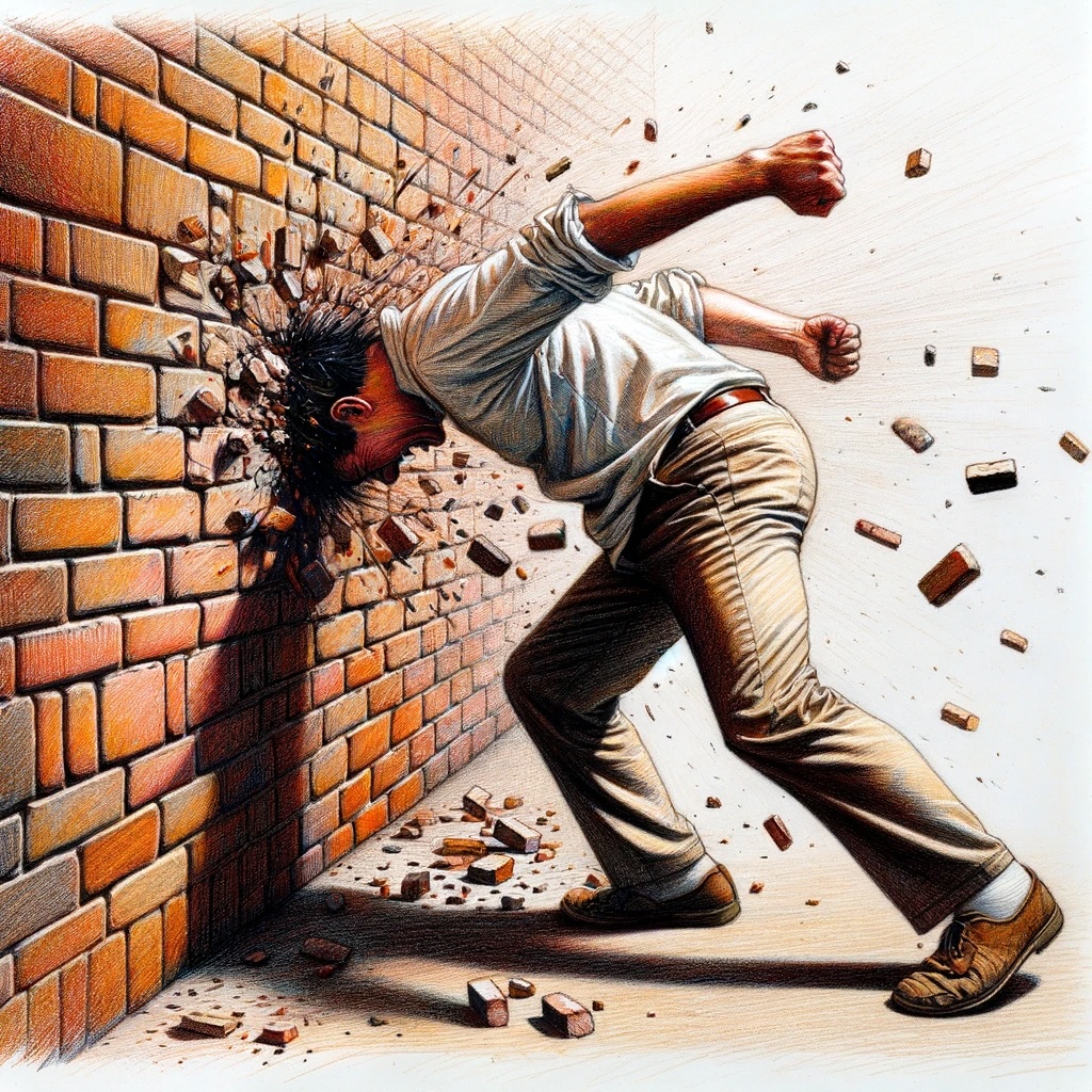 Man facing brick wall.