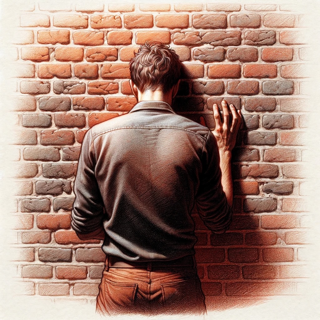 Man facing brick wall.